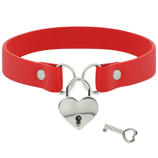 COQUETTE CHIC DESIRE - COLAR DE COURO VEGANO VERMELHO COM ACESSÓRIO DE CORAO COM CHAVE - Image 3