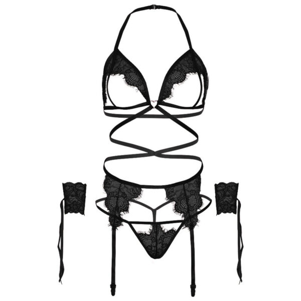 LEG AVENUE SET CUATRO PIEZAS SUJETADOR, LIGUERO, TANGA Y PUÑOS TALLA UNICA - NEGRO - Image 5