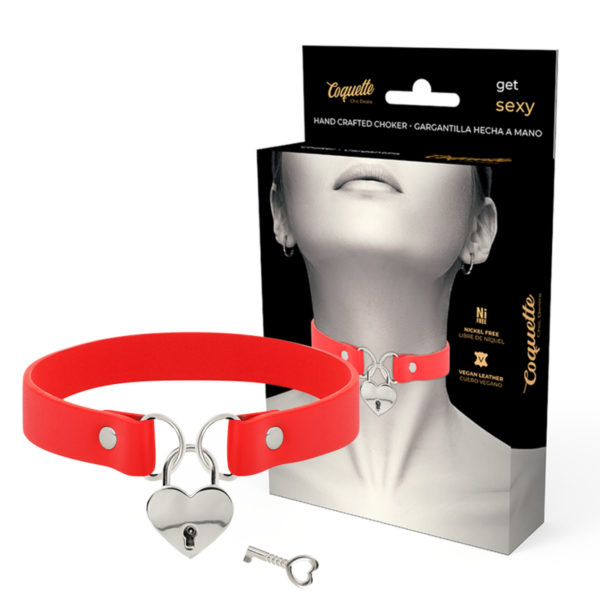 COQUETTE CHIC DESIRE - COLAR DE COURO VEGANO VERMELHO COM ACESSÓRIO DE CORAO COM CHAVE - Image 2