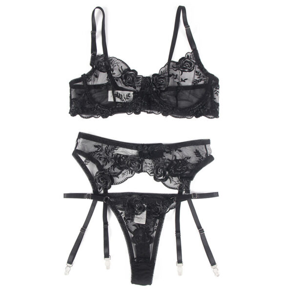 SUBBLIME - SET DE 3 PIEZAS SUJETADOR + TANGA + LIGA ESTAMPADO FLORAL NEGRO S/M - Image 5