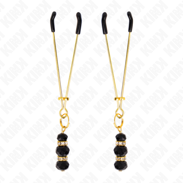 KINK - PINÇAS FINAS DOURADAS COM 3 CONTAS DE VIDRO PRETAS 7 CM - Image 2