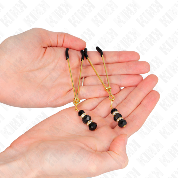 KINK - PINÇAS FINAS DOURADAS COM 3 CONTAS DE VIDRO PRETAS 7 CM - Image 3