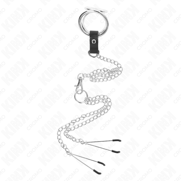 KINK - ANEL DE PÊNIS DE METAL TRIPLO CROMADO DE 3 CM A 4,5 CM COM CORRENTE DE METAL DE 26 CM E CLIPES DE MAMILO - Image 3