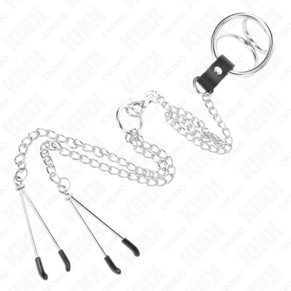 KINK - ANEL DE PÊNIS DE METAL TRIPLO CROMADO DE 3 CM A 4,5 CM COM CORRENTE DE METAL DE 26 CM E CLIPES DE MAMILO - Image 4