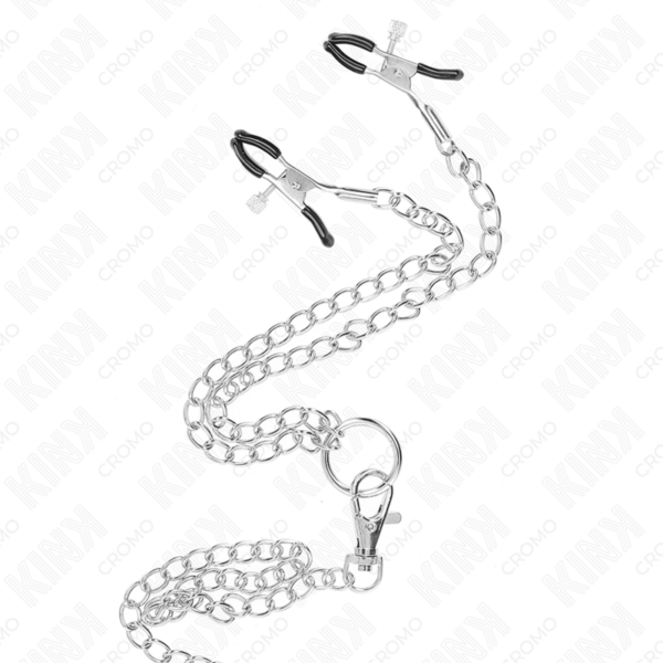 KINK - ANEL DE PÊNIS DE METAL TRIPLO CROMADO DE 3 CM A 4,5 CM COM CORRENTE DE METAL DE 26 CM E CLIPES DE MAMILO - Image 4