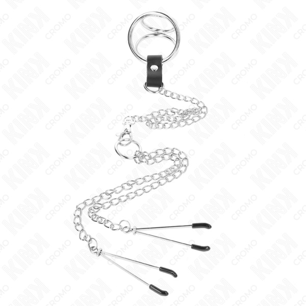KINK - ANEL DE PÊNIS TRIPLO DE METAL CROMADO DE 3,8 CM A 5 CM COM CORRENTE DE METAL DE 26 CM E GRAMPOS DE MAMILOS MODELO 2 - Image 3