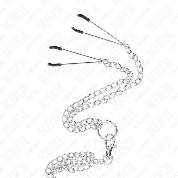 KINK - ANEL DE PÊNIS TRIPLO DE METAL CROMADO DE 3,8 CM A 5 CM COM CORRENTE DE METAL DE 26 CM E GRAMPOS DE MAMILOS MODELO 2 - Image 4