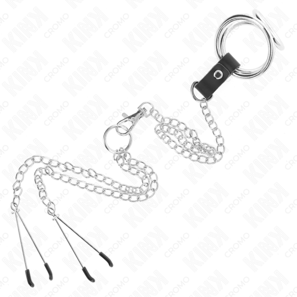 KINK - ANEL DE PÊNIS TRIPLO DE METAL CROMADO DE 3,8 CM A 5 CM COM CORRENTE DE METAL DE 26 CM E GRAMPOS DE MAMILOS MODELO 2 - Image 5