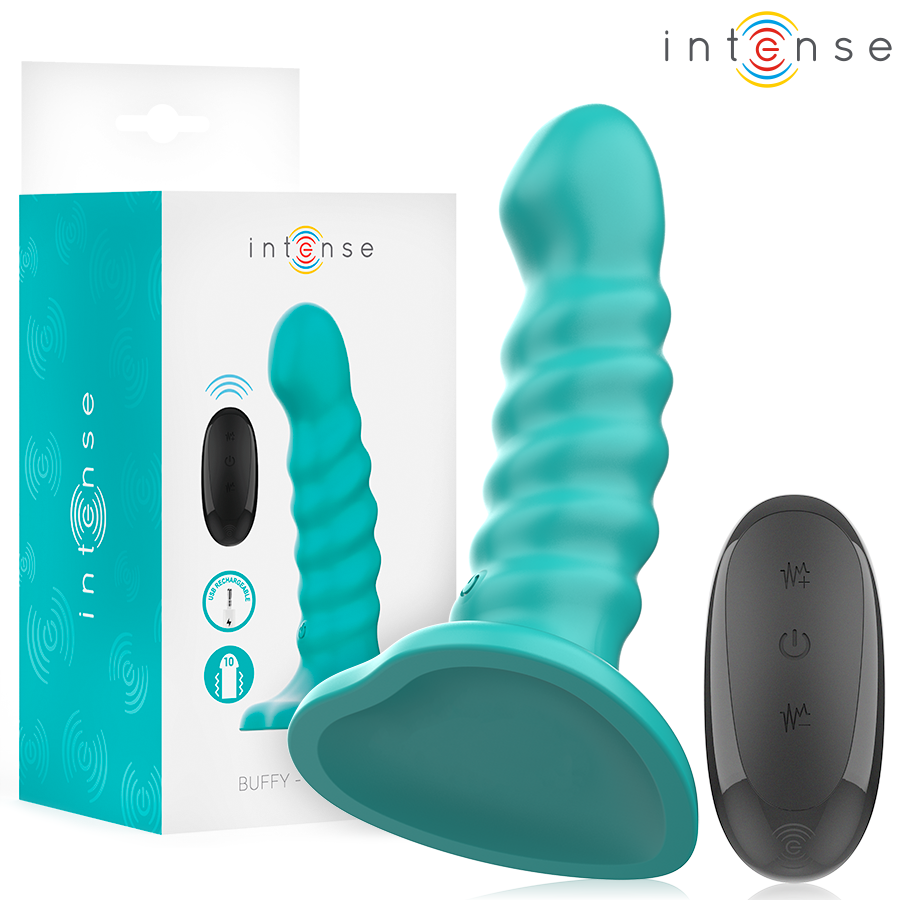 INTENSE - VIBRADOR BUFFY TAMANHO P DESIGN ESPIRAL 10 VIBRAÇÕES CONTROLE REMOTO AZUL